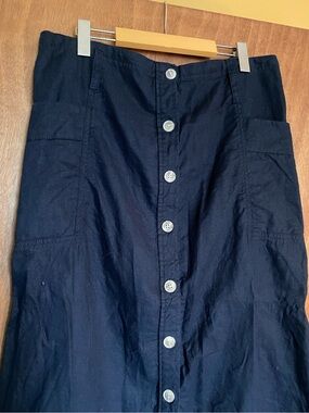Navy Button-Front Linen Skirt